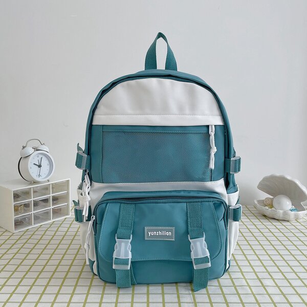 

Two Tone Letter Patch Pocket Front Backpack, Green