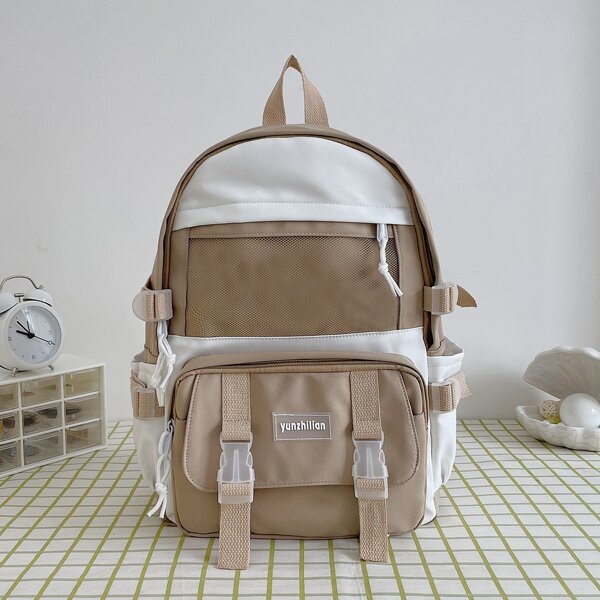 

Two Tone Letter Patch Pocket Front Backpack, Khaki