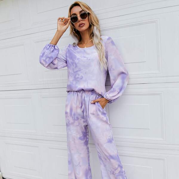 

Tie Dye Top & Slant Pocket Drawstring Waist Pants, Multicolor