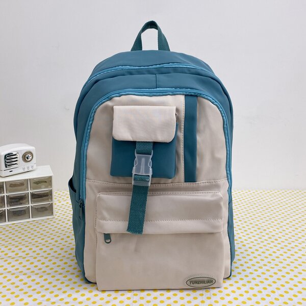 

Two Tone Letter Patch Pocket Front Backpack, Teal blue