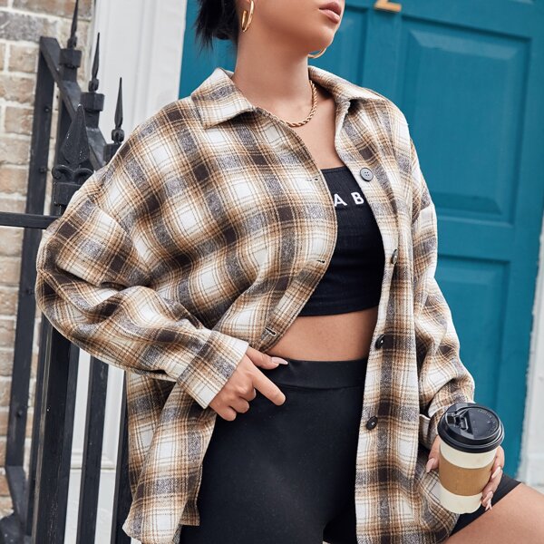 

Plus Plaid Print Drop Shoulder Coat, Khaki