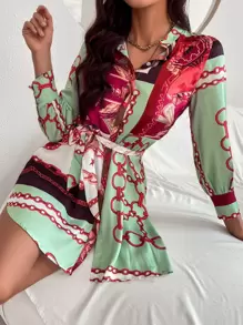 Chain Print Hidden Placket Belted Shirt Dress - Multicolor - View 1