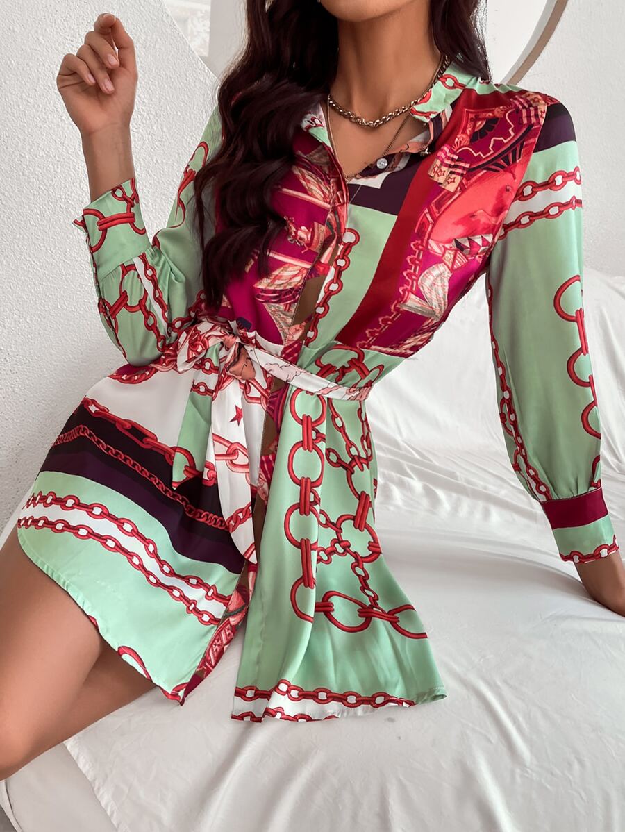 Chain Print Hidden Placket Belted Shirt Dress - Multicolor - View 1