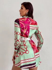 Chain Print Hidden Placket Belted Shirt Dress - Multicolor - View 2