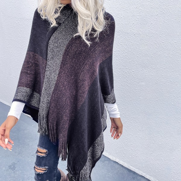 

Fringe Hem Hooded Poncho Sweater, Multicolor