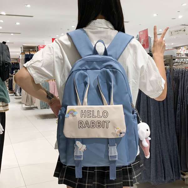 

Two Tone Cartoon Decor Letter Graphic Backpack, Blue