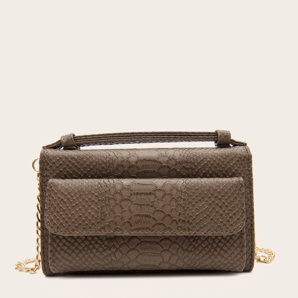 

Snakeskin Pattern Chain Satchel Bag, Brown