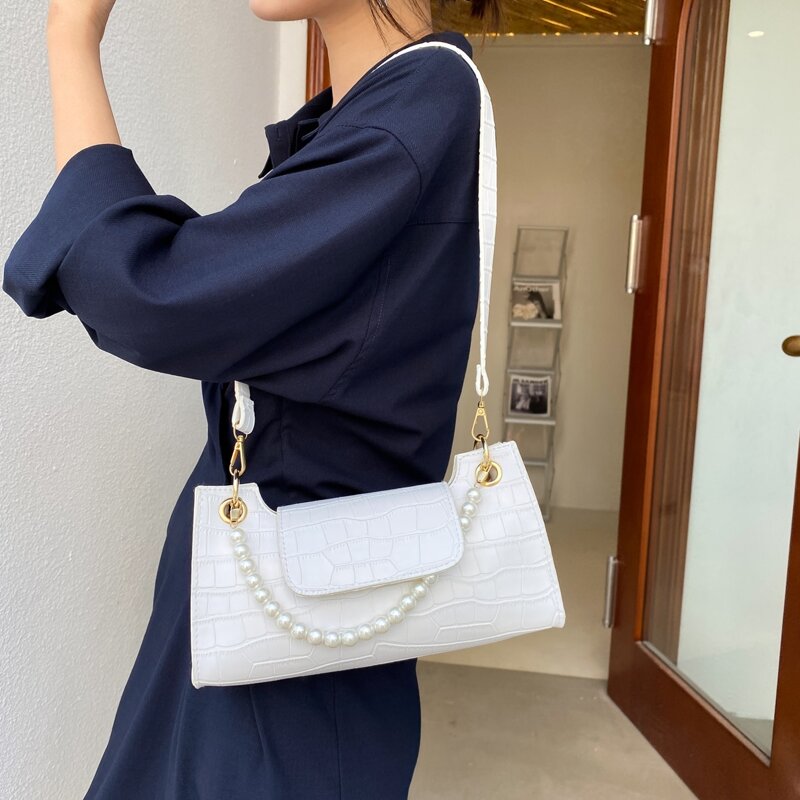 

Croc Embossed Baguette Bag, White