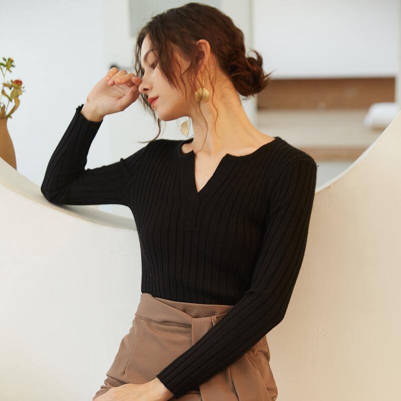 

Notch Neck Rib-knit Sweater, Black
