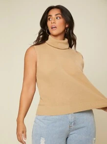 SHEIN Plus Solid Turtleneck Knit Top - Khaki - View 4