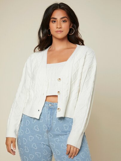 SHEIN Privé Plus Cable Knit Top & Cardigan