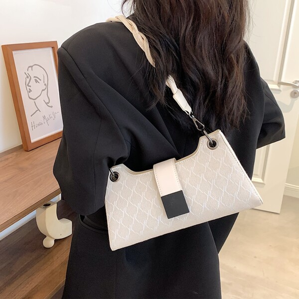 

Minimalist Braided Strap Textured Baguette Bag, White