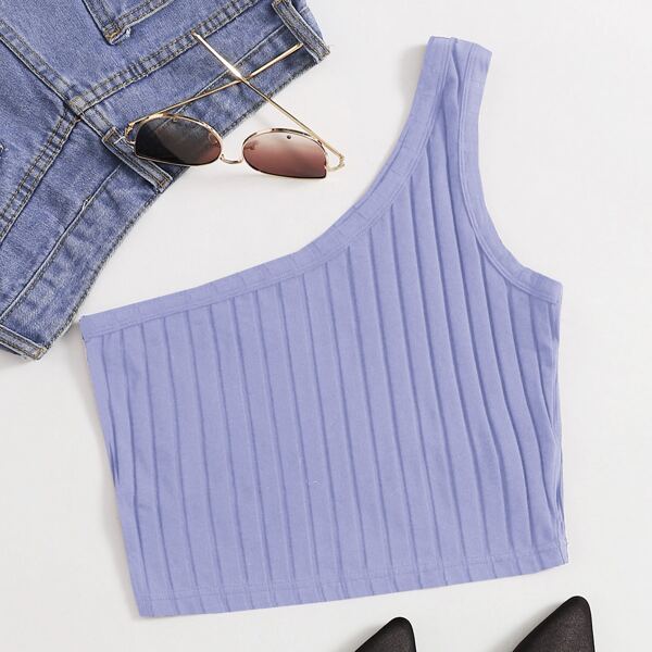 

One Shoulder Rib-knit Crop Top, Blue