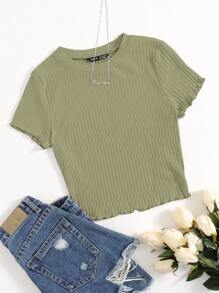 SHEIN Qutie Solid Lettuce Trim Rib-knit Tee - Army Green - View 1