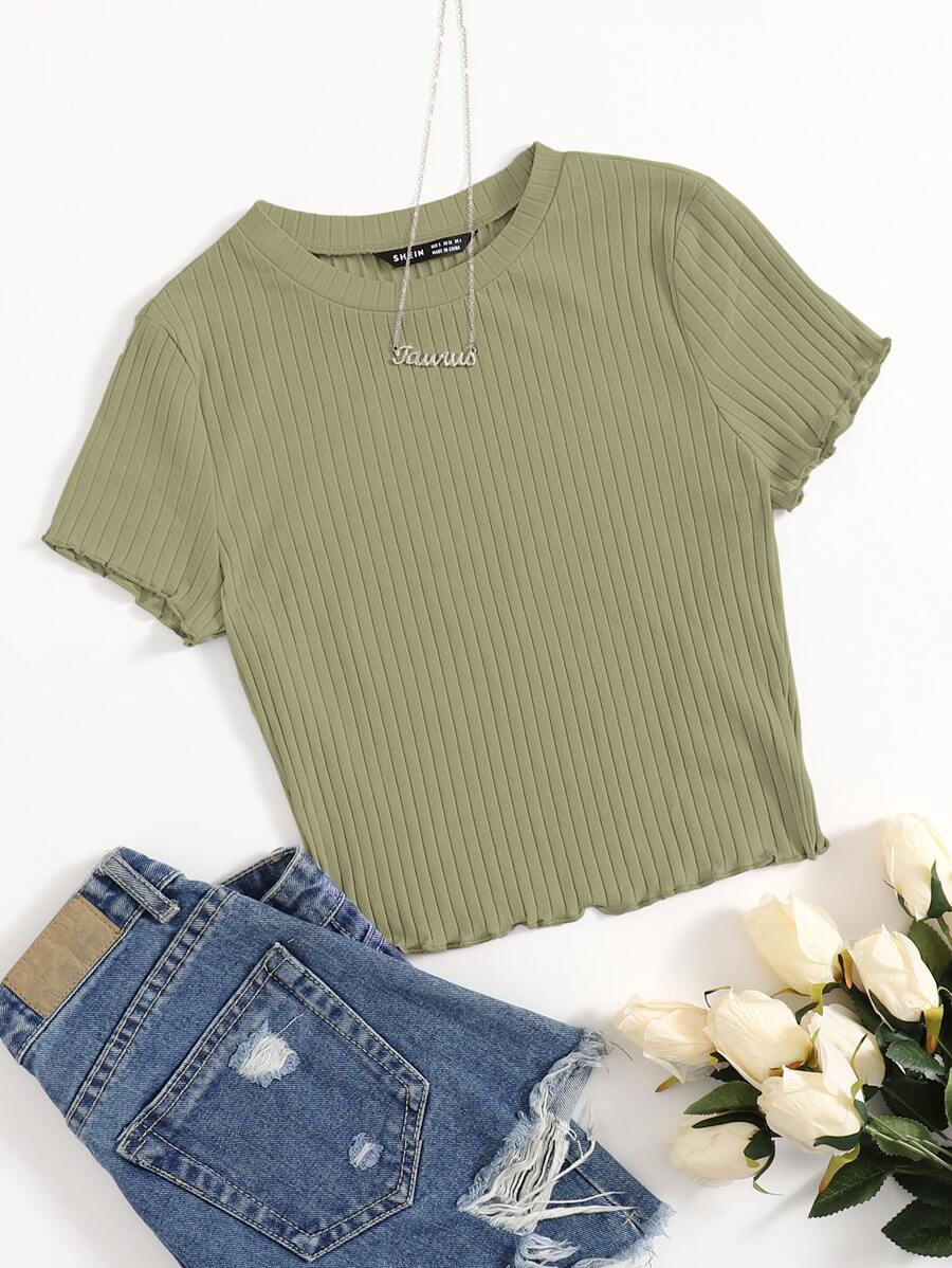 SHEIN Qutie Solid Lettuce Trim Rib-knit Tee - Army Green - View 1
