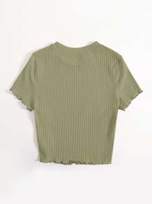 SHEIN Qutie Solid Lettuce Trim Rib-knit Tee - Army Green - View 2