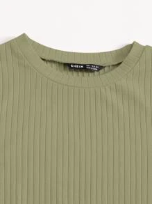 SHEIN Qutie Solid Lettuce Trim Rib-knit Tee - Army Green - View 3