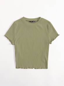 SHEIN Qutie Solid Lettuce Trim Rib-knit Tee - Army Green - View 5