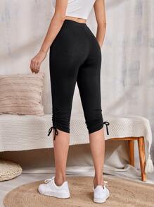 EMERY ROSE Solid High Waist Drawstring Capri Leggings - Black - View 4