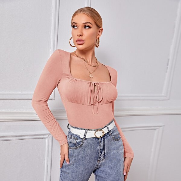 

Tie Front Ruched Bust Crop Top, Coral orange