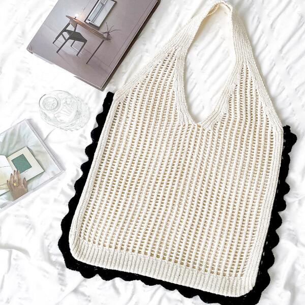 

Knit Trim Tote Bag, Beige