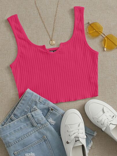 SHEIN EZwear Notch Neck Lettuce Edge Rib-knit Tank Top