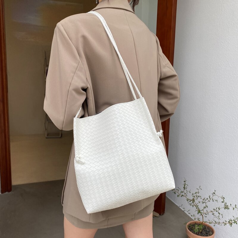 

Braided Embossed Tote Bag, White