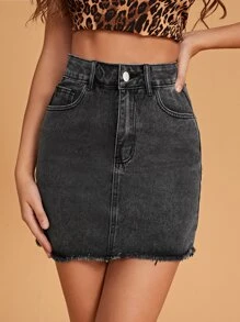 Zipper Fly Raw Hem Denim Skirt - Grey - View 1