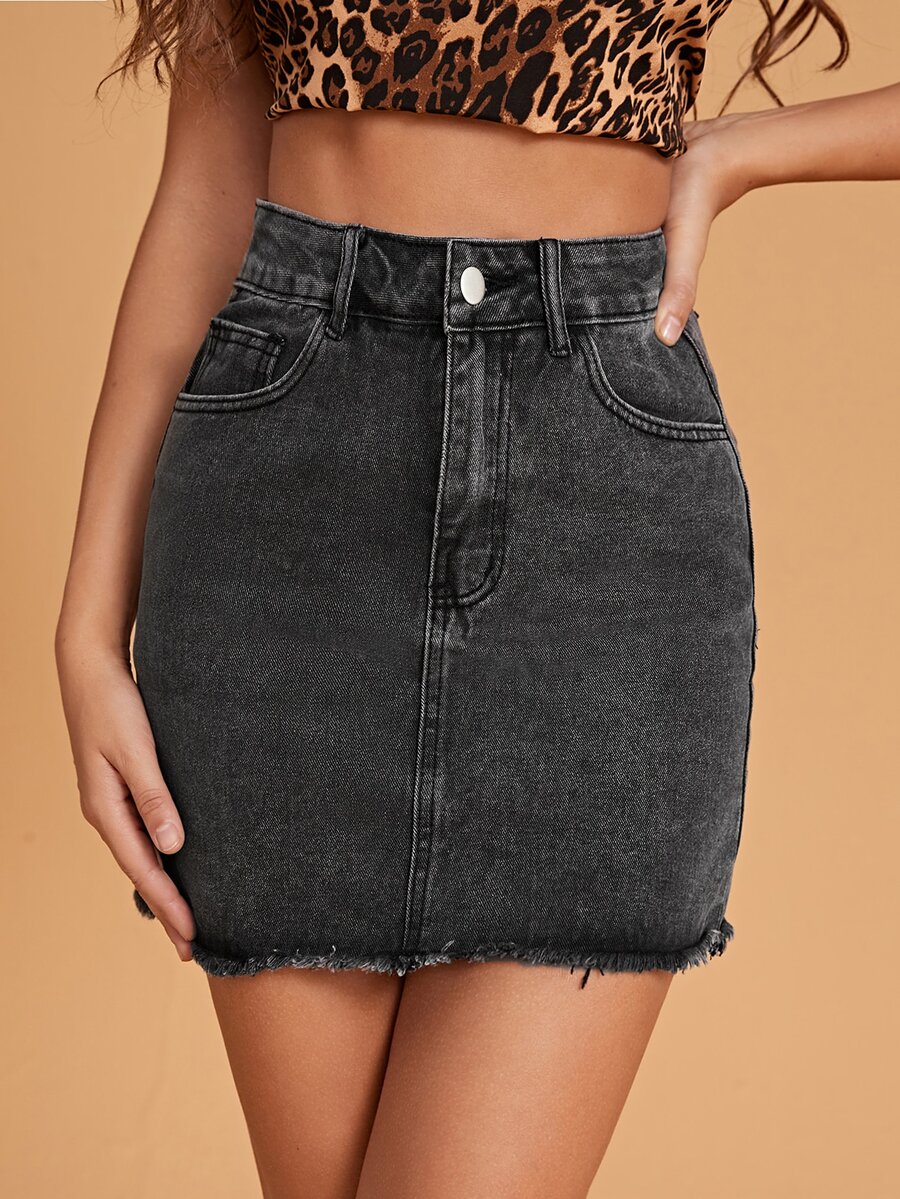 Zipper Fly Raw Hem Denim Skirt - Grey - View 1
