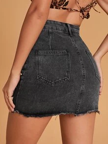 Zipper Fly Raw Hem Denim Skirt - Grey - View 2