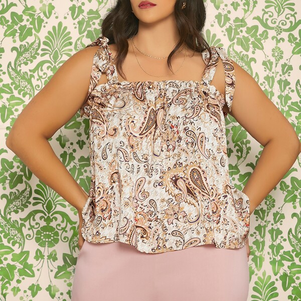 

Plus Paisley Print Tie Shoulder Cami Top, Multicolor