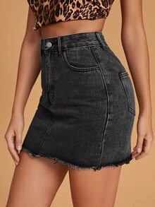 Zipper Fly Raw Hem Denim Skirt - Grey - View 4