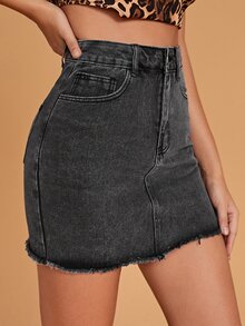 Zipper Fly Raw Hem Denim Skirt - Grey - View 5