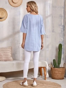 EMERY ROSE Striped High Low Blouse - Blue and White - View 3