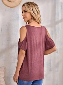 EMERY ROSE 挖肩交叉圍裹T恤 - 酒紅色 - 查看 2