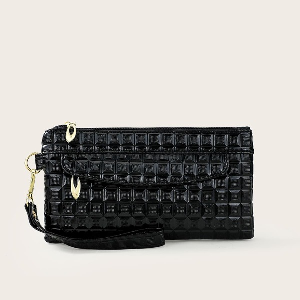 

Minimalist Double Pocket Textured Wristlet Bag, Black