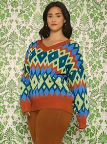 SHEIN Unity 大碼幾何圖案落肩袖套頭毛衣 - 彩色 - 查看 1