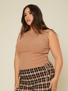 SHEIN LUNE 大碼素色條紋針織毛衣背心 - 棕色 - 查看 5