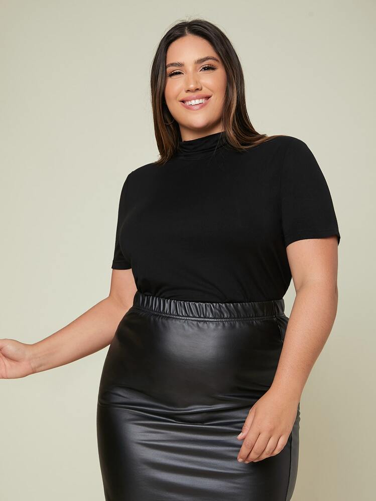 Modelyn Plus Stand Neck Fitted Tee - Black - View 1