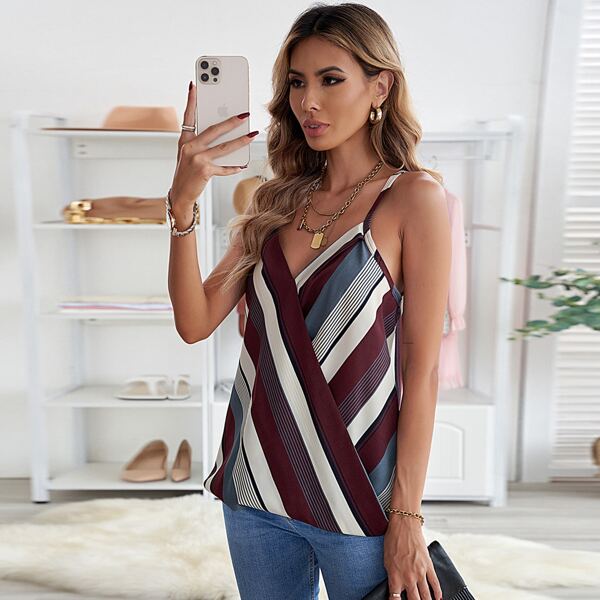 

Wrap Front Striped Cami Top, Burgundy