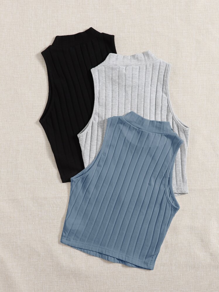 Muchica 3 Packs Mock Neck Rib-Knit Tank Top - Multicolor - View 2