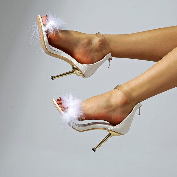 

Clear Fluffy Stiletto Heeled Sandals, White