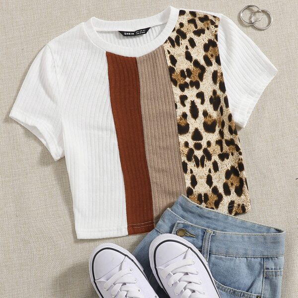 

Leopard Print Colorblock Rib-knit Tee, Multicolor