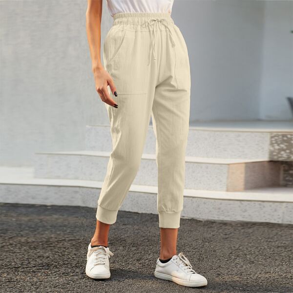

Drawstring Waist Solid Capris Carrot Pants, Khaki