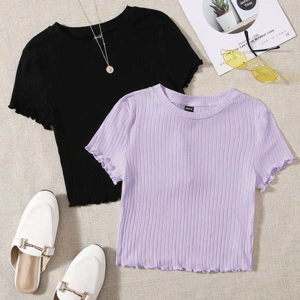

2 Pack Lettuce Trim Rib-knit Tee, Multicolor