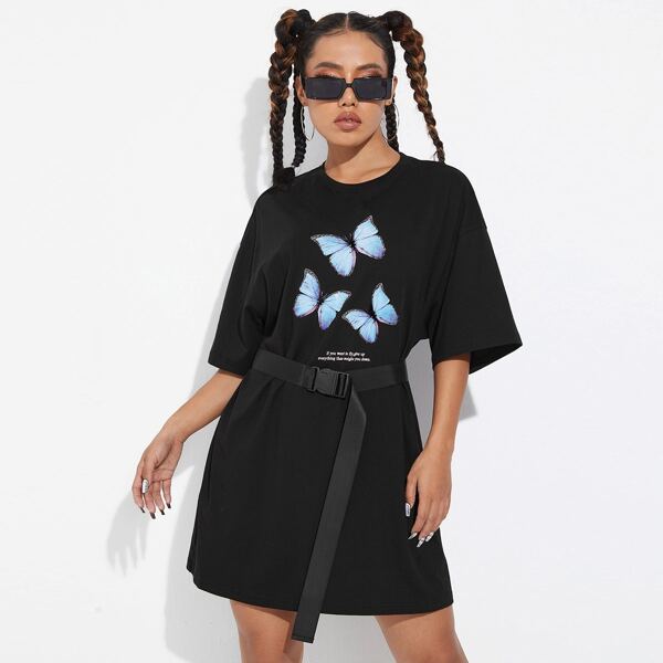 

Butterfly & Slogan Graphic Drop Shoulder Belted Dress, Black