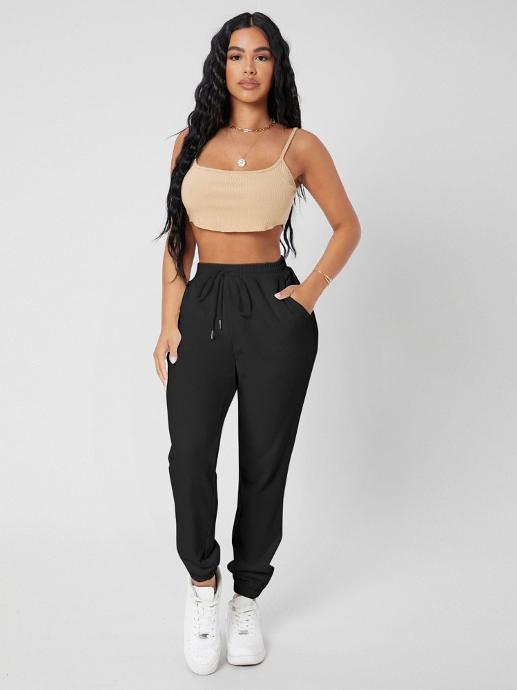 SHEIN PETITE Drawstring Waist Solid Joggers - Black - View 3
