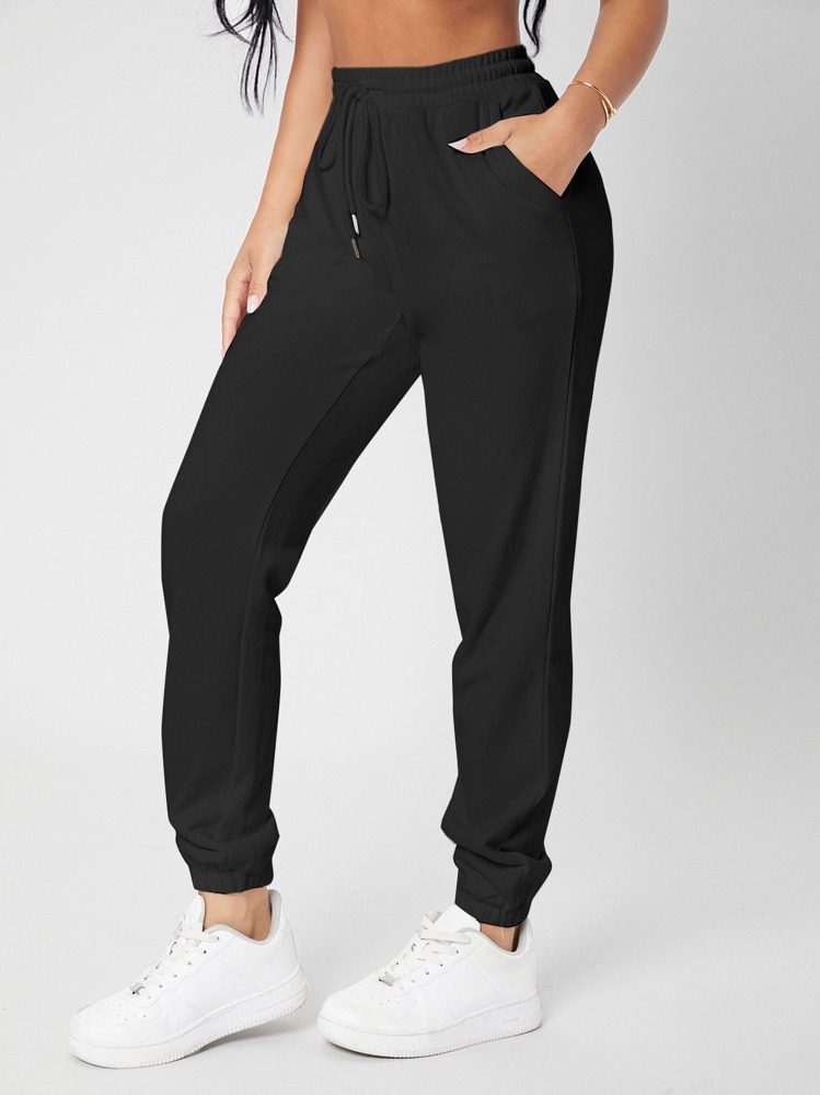 SHEIN PETITE Drawstring Waist Solid Joggers - Black - View 5