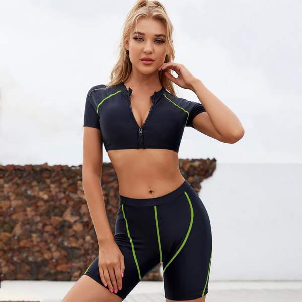 

3pack Zipper Front Bikini Swimsuit, Black