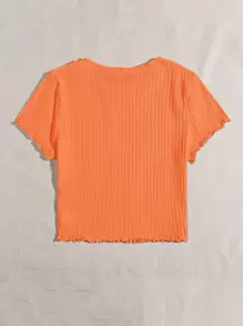SHEIN EZwear Solid Lettuce Trim Rib-knit Tee - Orange - View 2